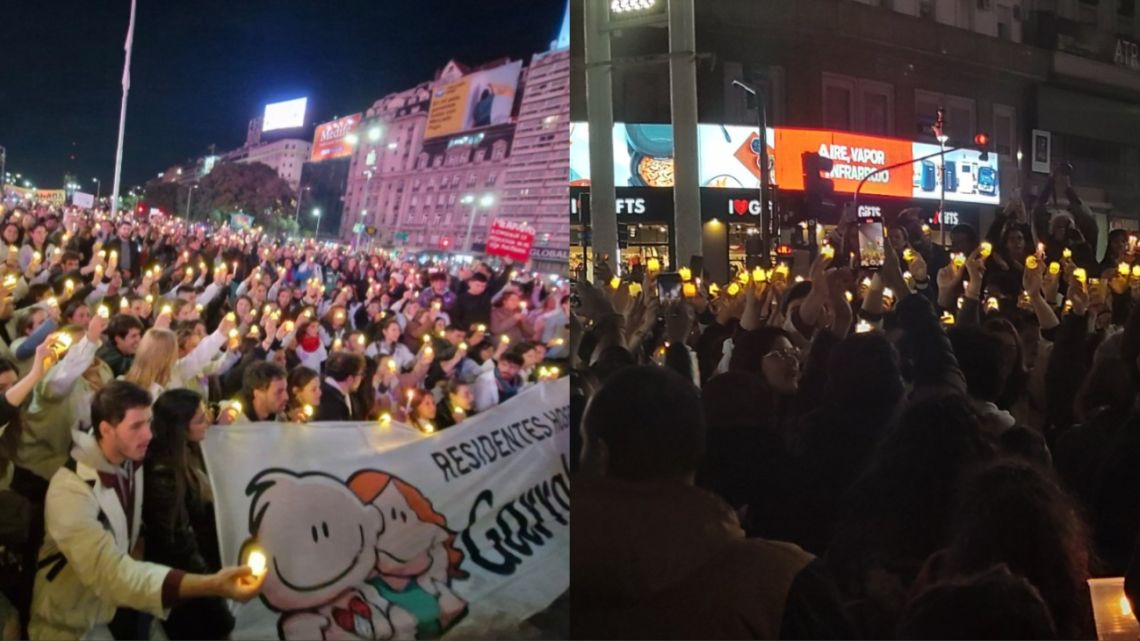 Los residentes del Garrahan marchan con velas al Obelisco a la espera de un anuncio formal